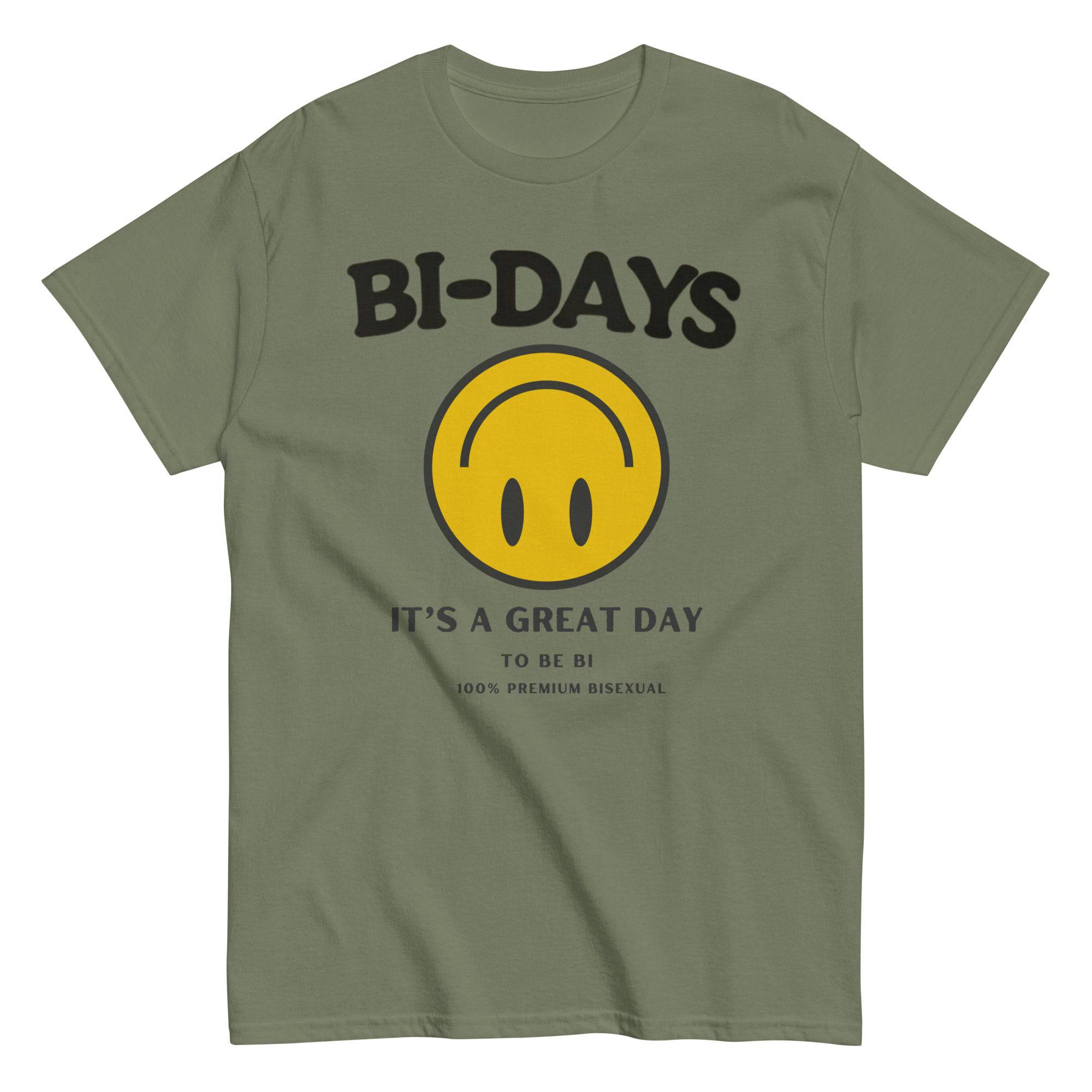 Bi Days Smiley bisexual tee, view 3 — Rose Gold Co