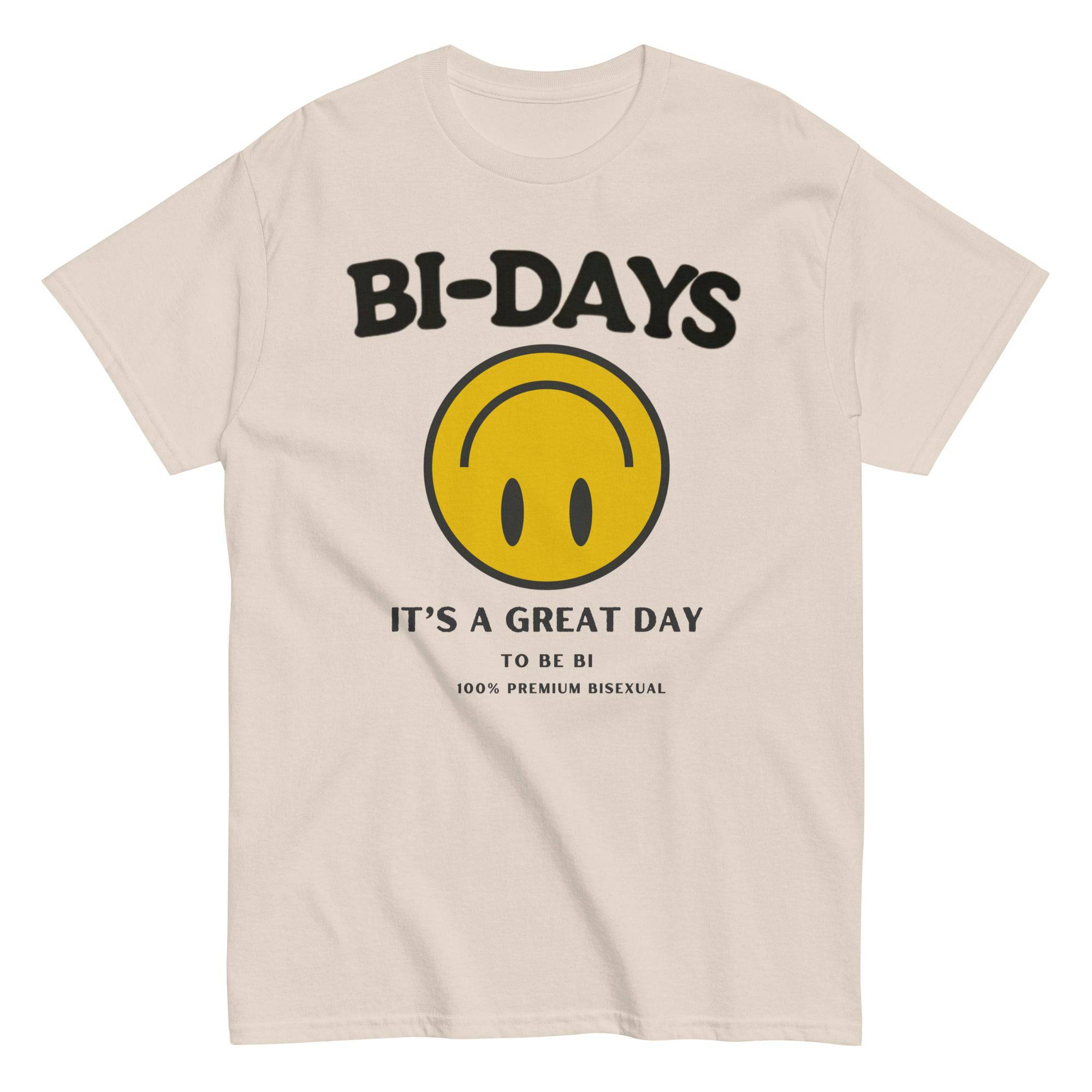 Bi Days Smiley bisexual tee, view 2 — Rose Gold Co