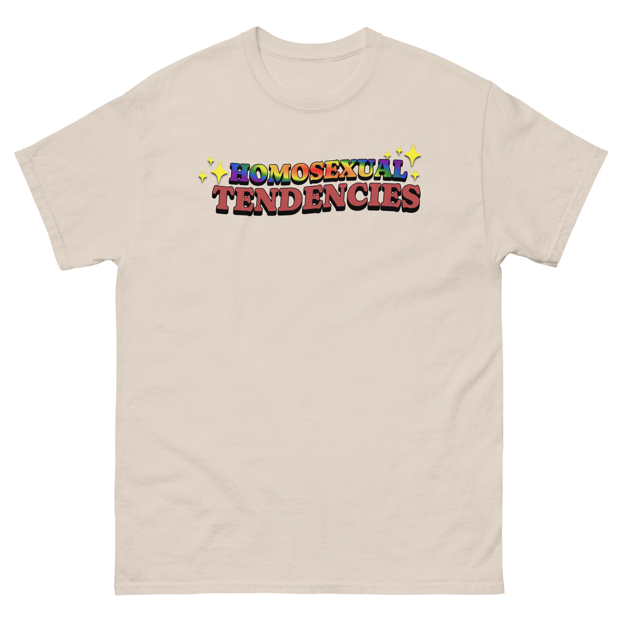 Homosexual Tendencies classic tee, detail view — Rose Gold Co