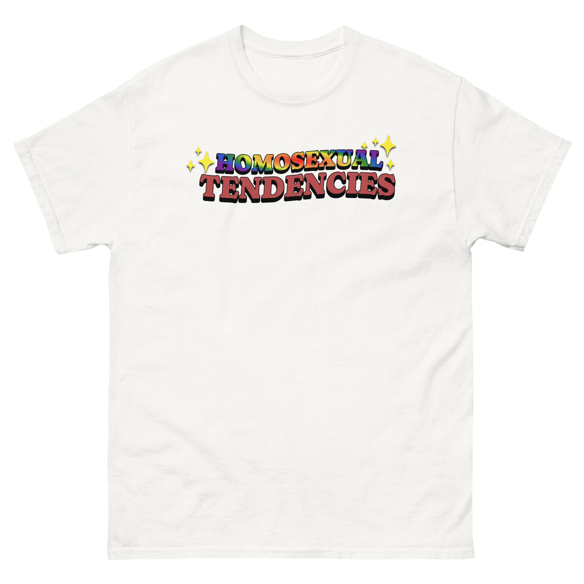 Homosexual Tendencies classic tee, flat lay — Rose Gold Co