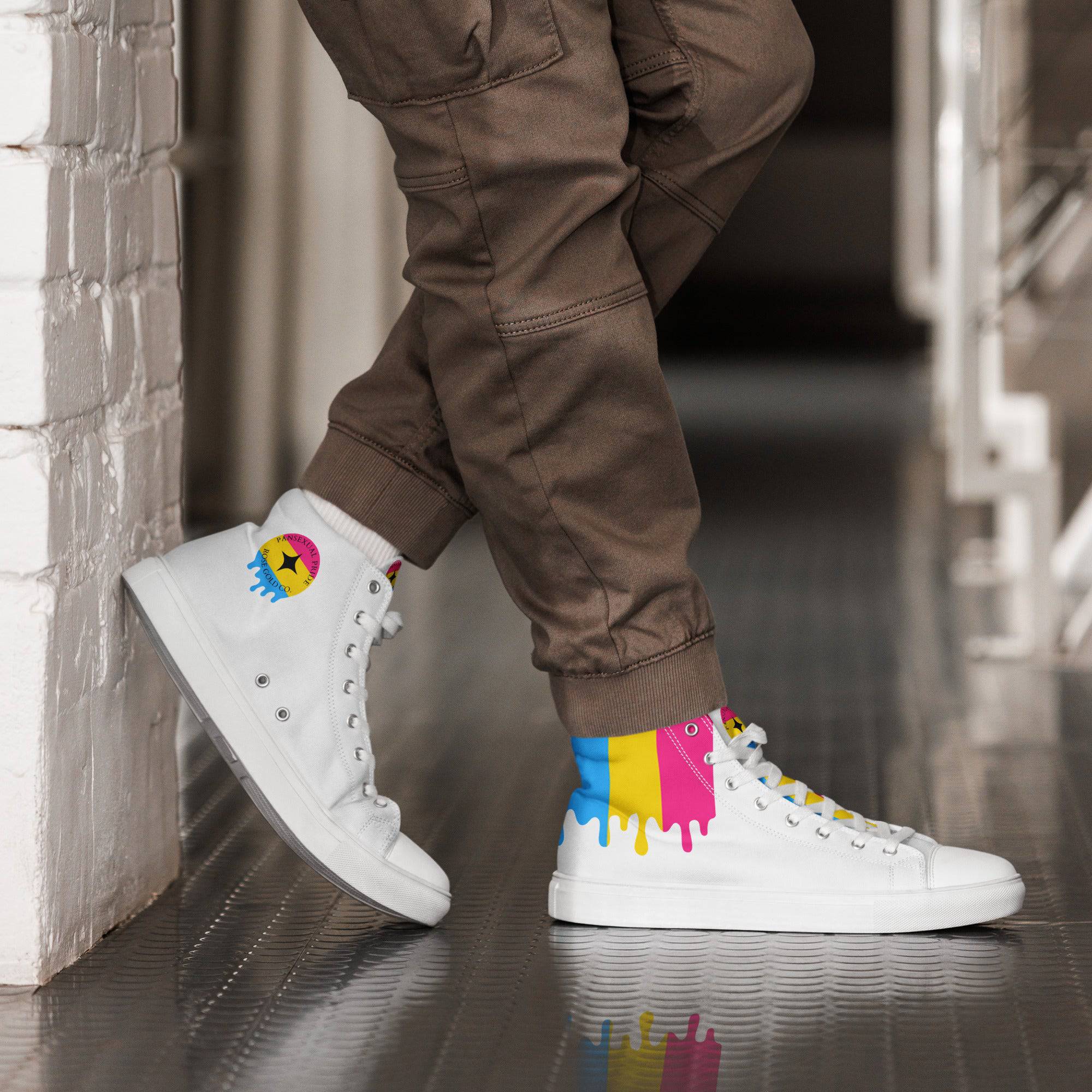 Pansexual pride men's high top sneakers, front view — Rose Gold Co