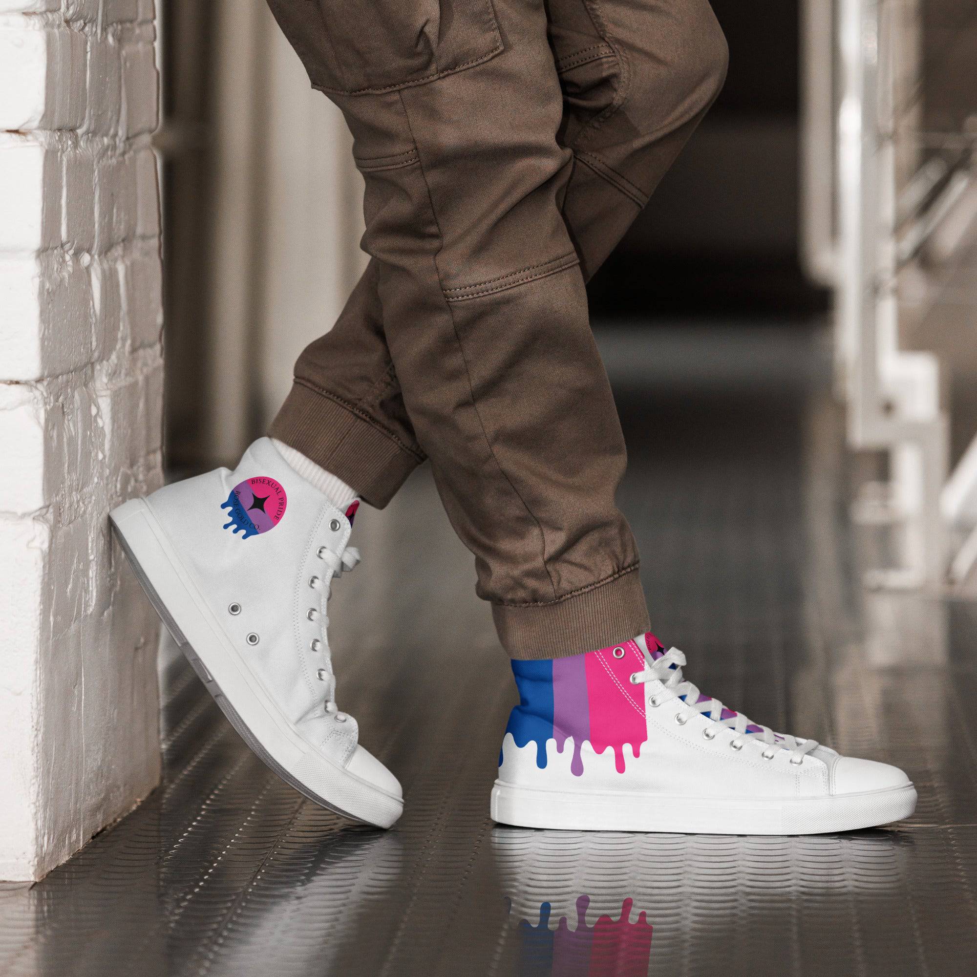 Bisexual pride men's high top sneakers, view 2 — Rose Gold Co