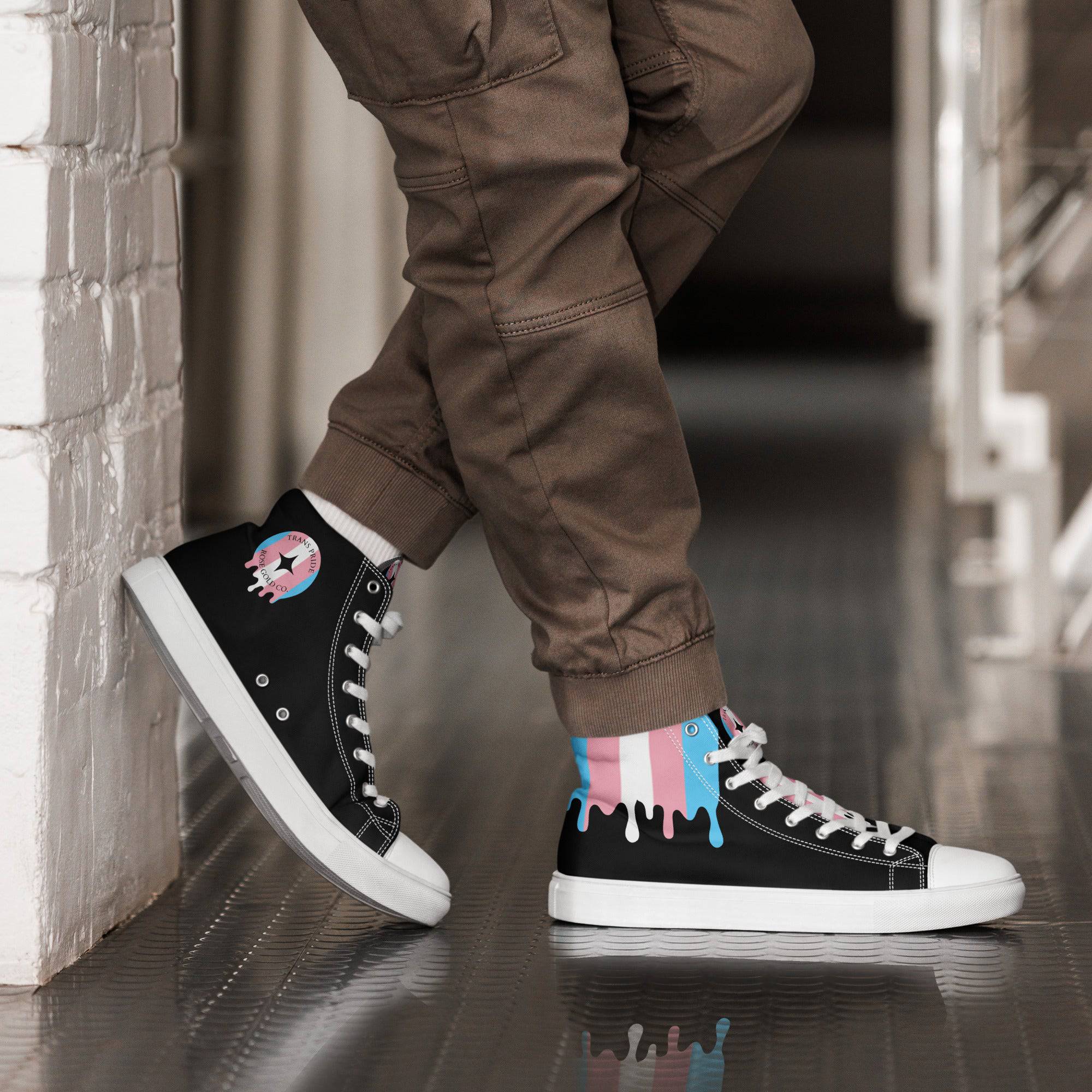 Melting trans pride high top sneakers, front view — Rose Gold Co