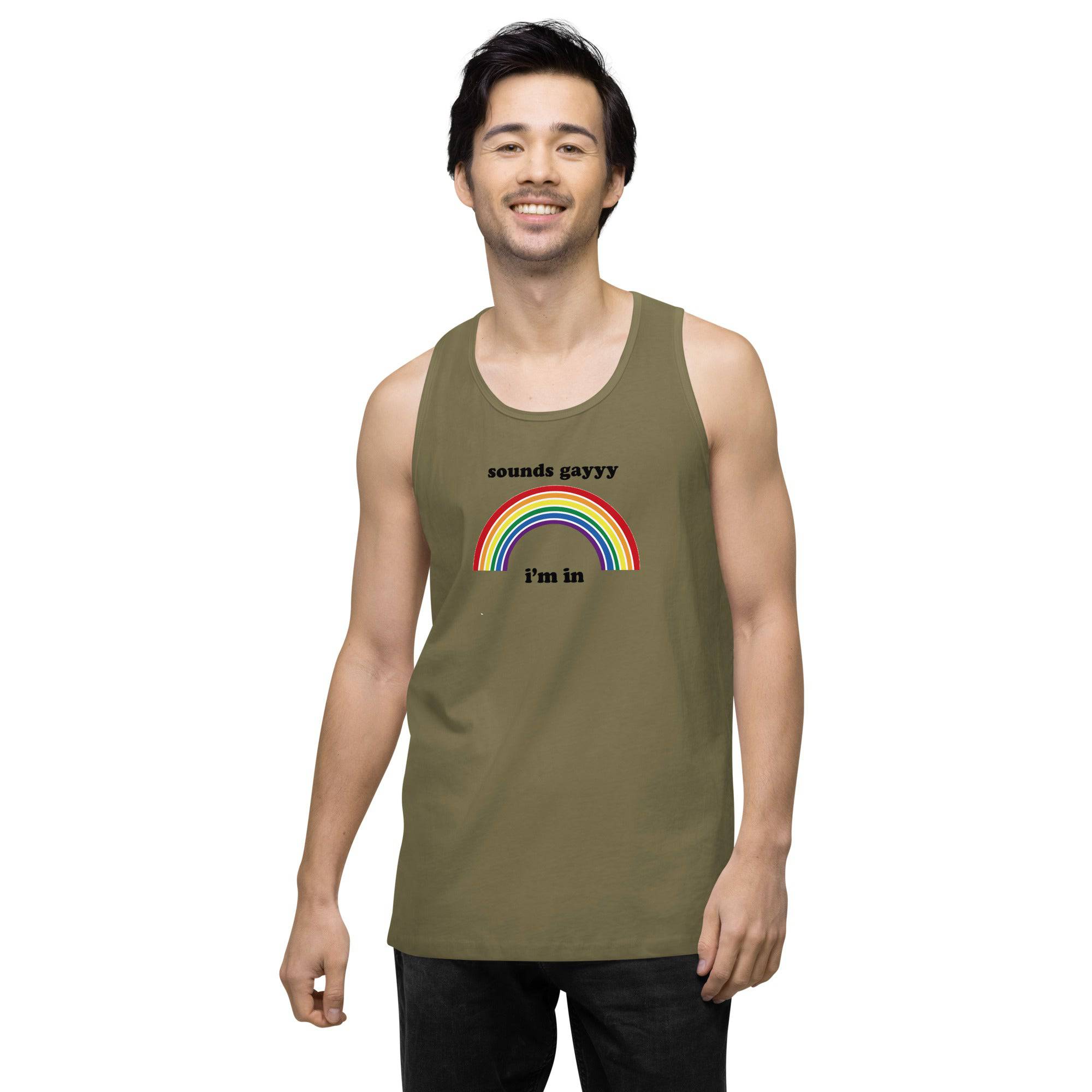 Sounds Gay, I'm In premium tank top, view 3 — Rose Gold Co