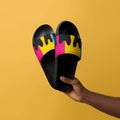 Melting pansexual pride men's slides, front view — Rose Gold Co