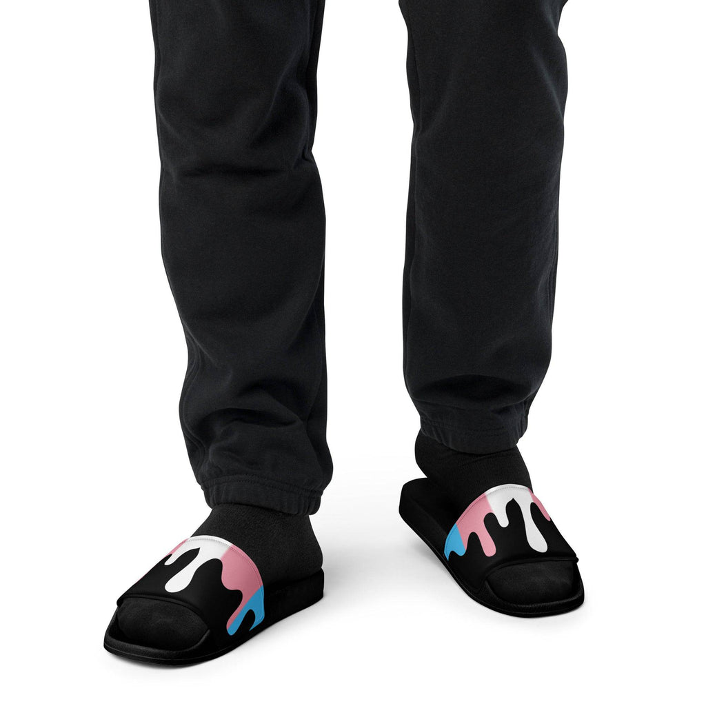 Trans melting pride flag men's slides, front view — Rose Gold Co