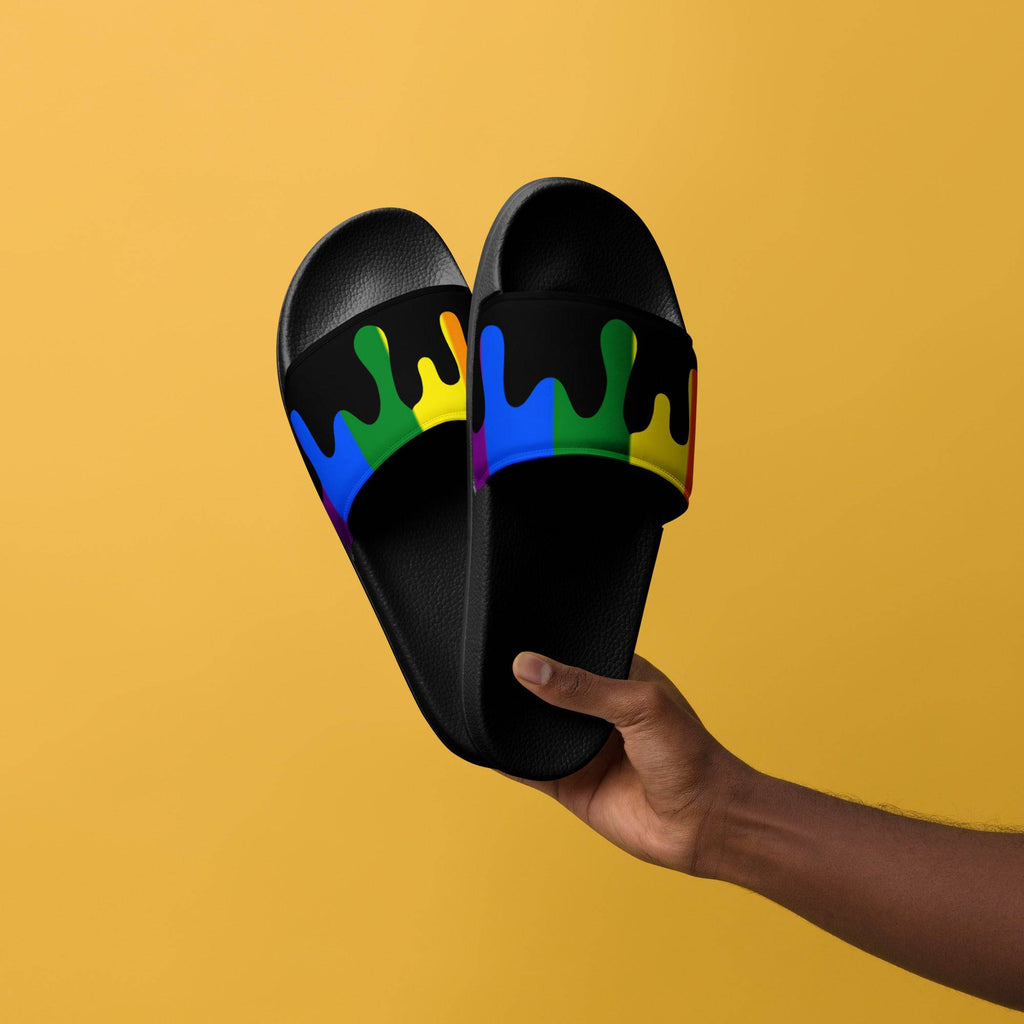 Rainbow melting pride flag men's slides, front view — Rose Gold Co