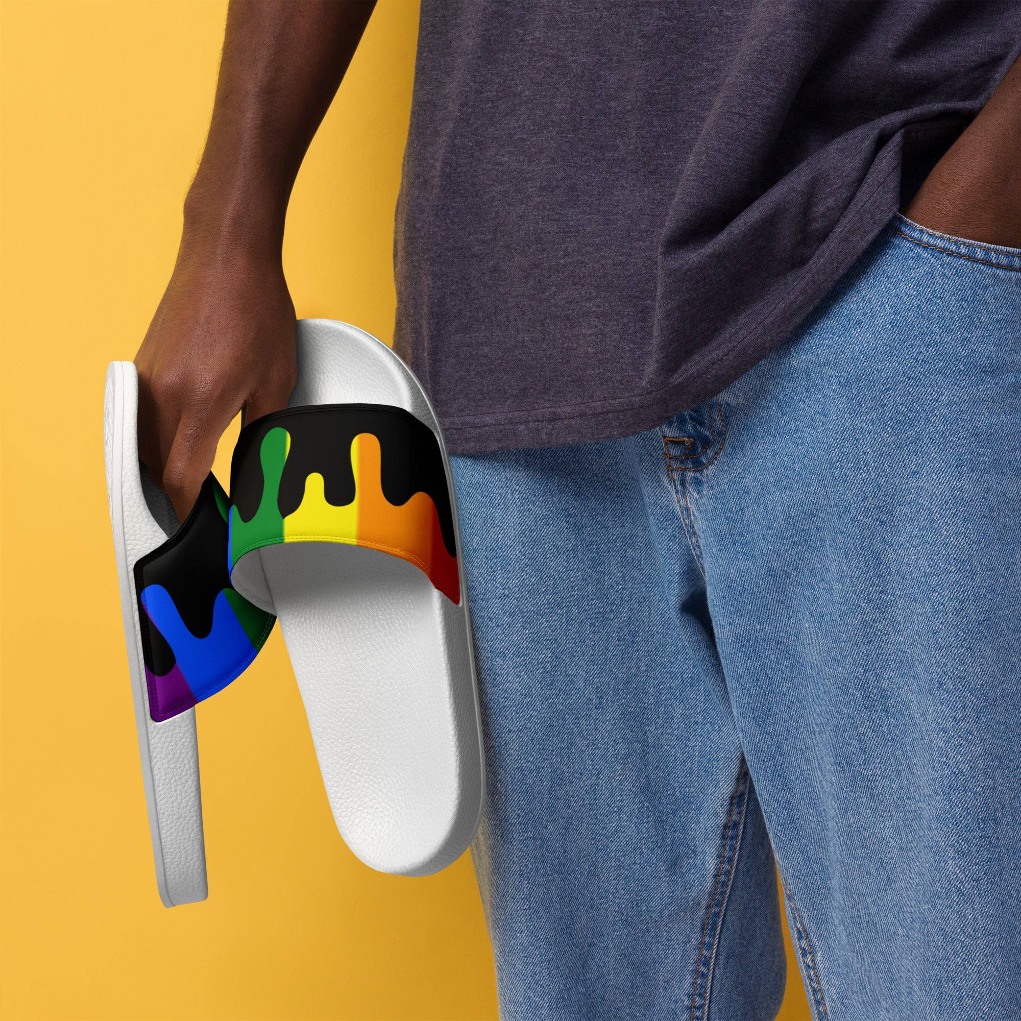 Rainbow melting pride flag men's slides, view 9 — Rose Gold Co