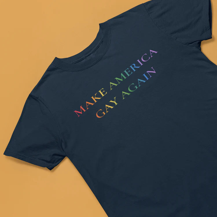 "Make America Gay Again" rainbow slogan tee, view 3 — Rose Gold Co