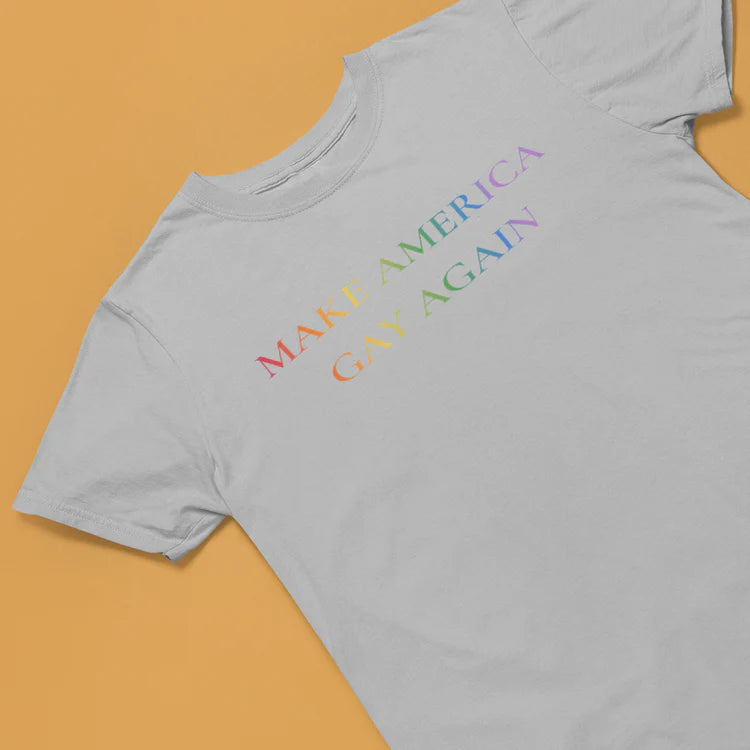 "Make America Gay Again" rainbow slogan tee, view 5 — Rose Gold Co