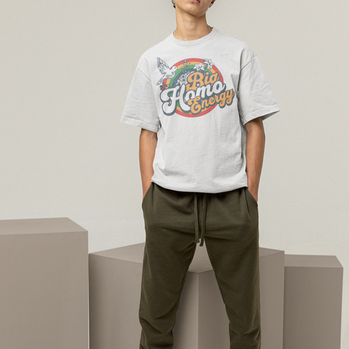 "Big Homo Energy" retro rainbow graphic tee, view 2 — Rose Gold Co