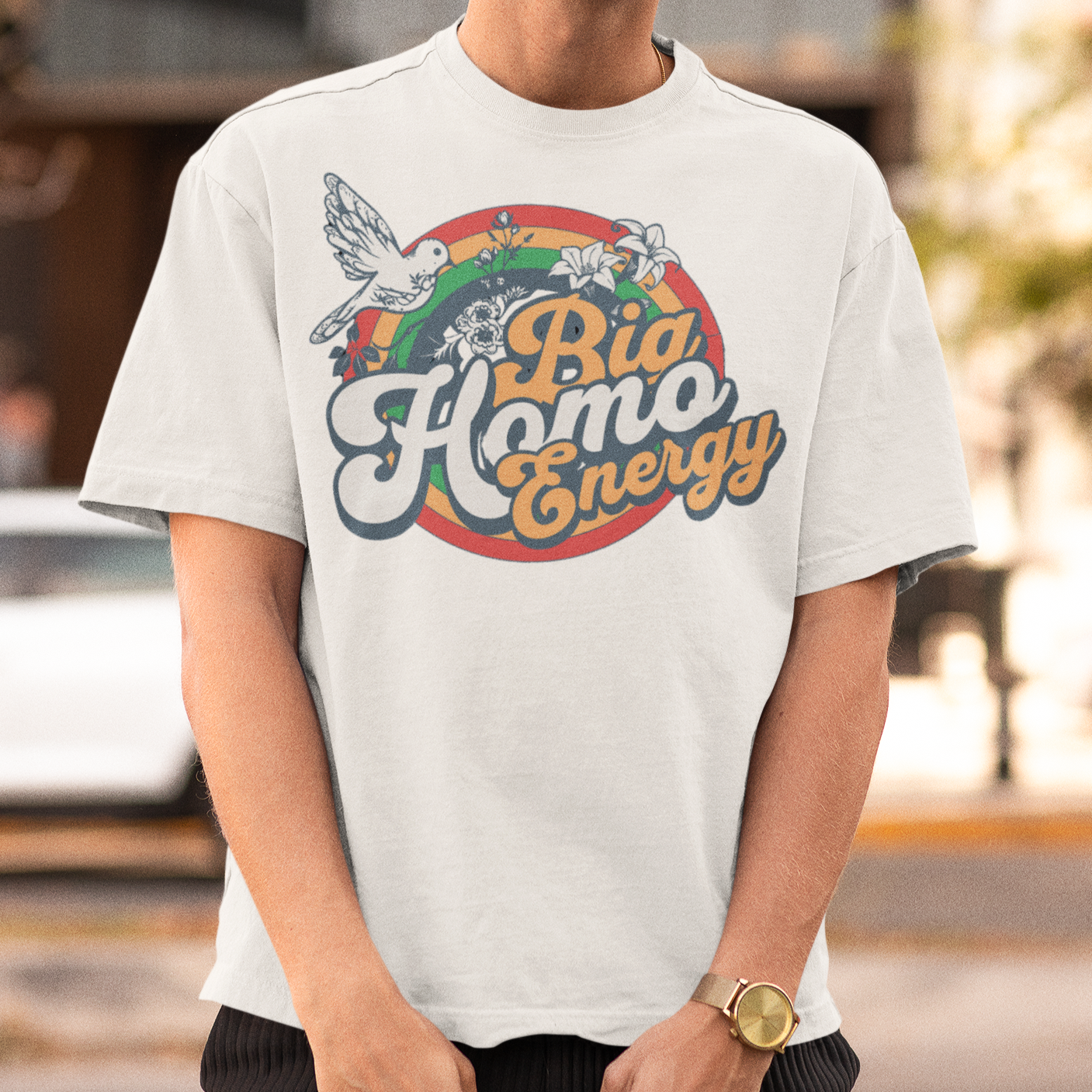 "Big Homo Energy" retro rainbow graphic tee — Rose Gold Co