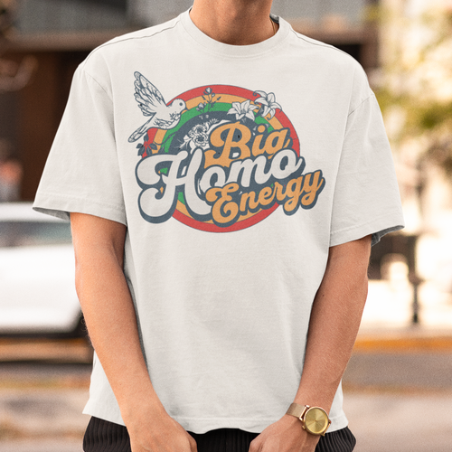 "Big Homo Energy" retro rainbow graphic tee — Rose Gold Co