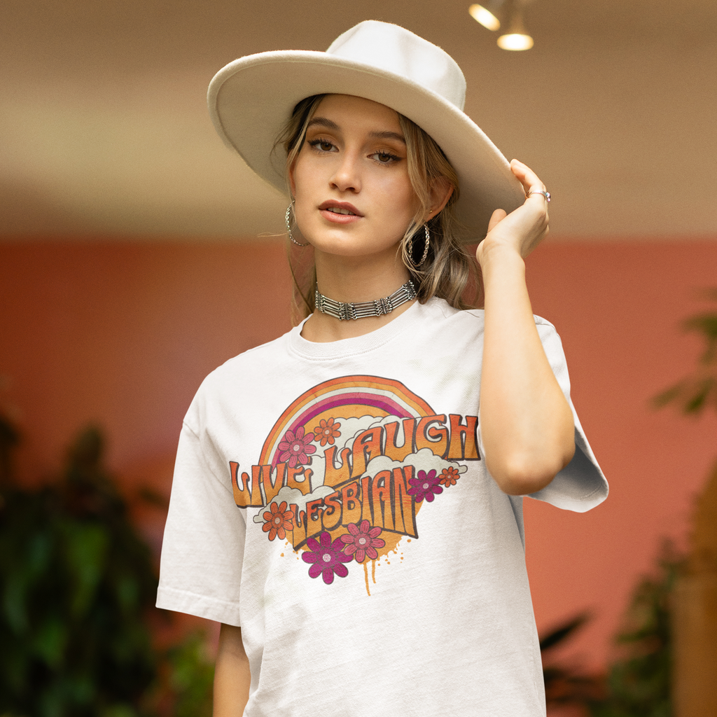 "Live, Laugh, Lesbian" retro rainbow tee, view 8 — Rose Gold Co