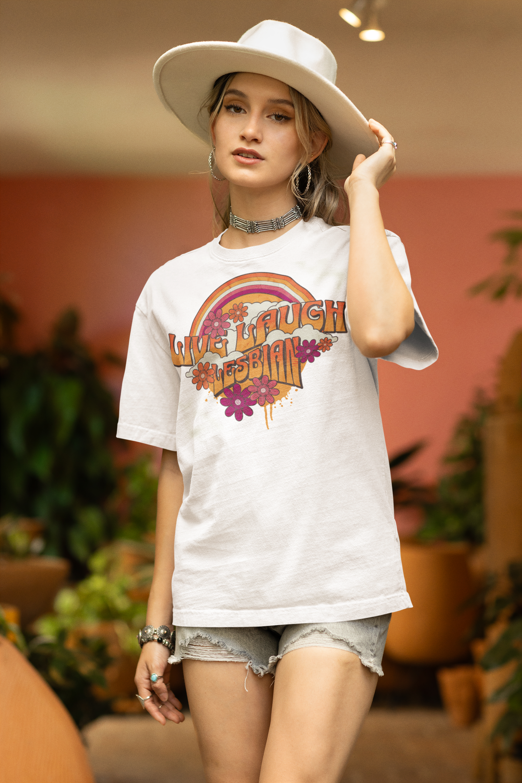 "Live, Laugh, Lesbian" retro rainbow tee, view 10 — Rose Gold Co