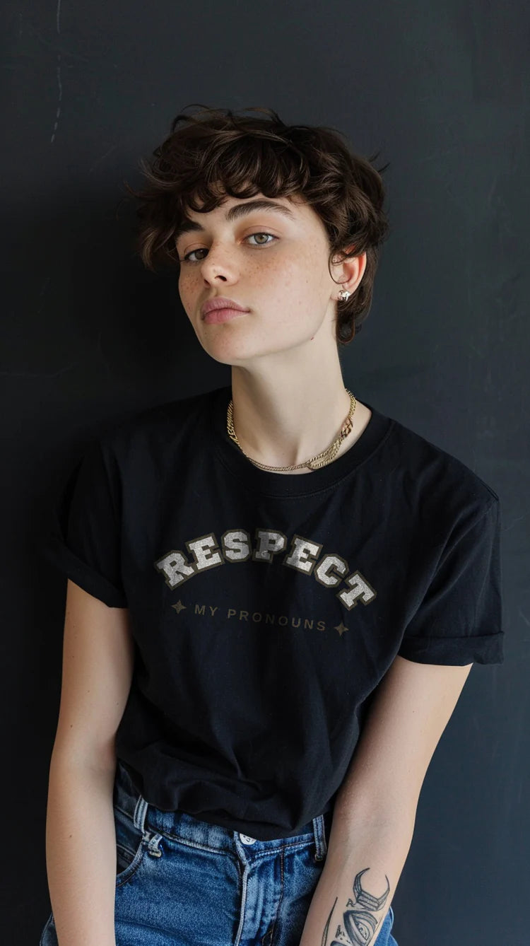 "Respect My Pronouns" trans pride tee — Rose Gold Co