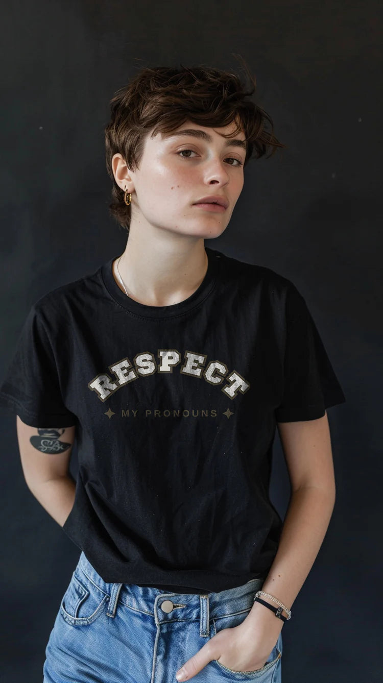 "Respect My Pronouns" trans pride tee, view 2 — Rose Gold Co