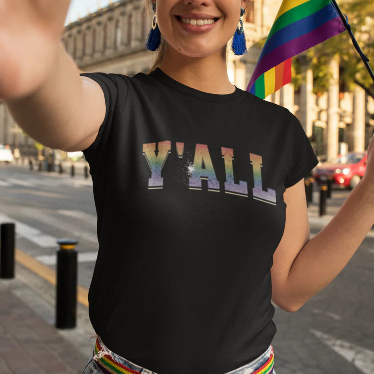 "Y'all" rainbow varsity gay pride tee, view 3 — Rose Gold Co