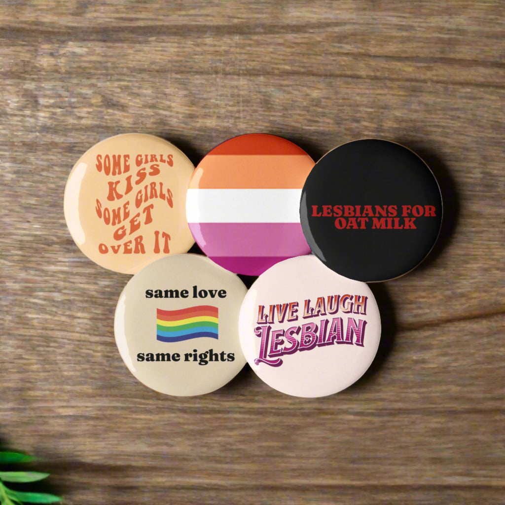 Lesbian pride pin buttons 5 pack, front view — Rose Gold Co