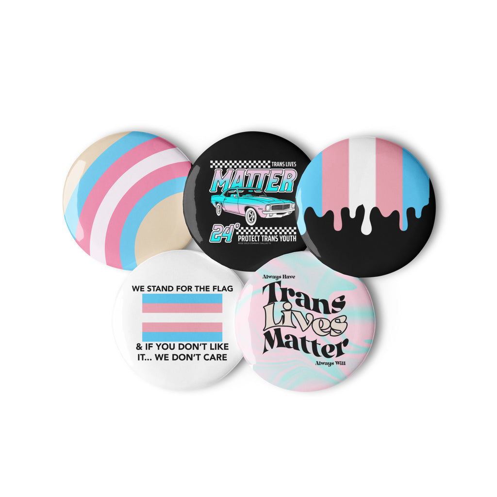Trans pride pin buttons 5 pack, front view — Rose Gold Co