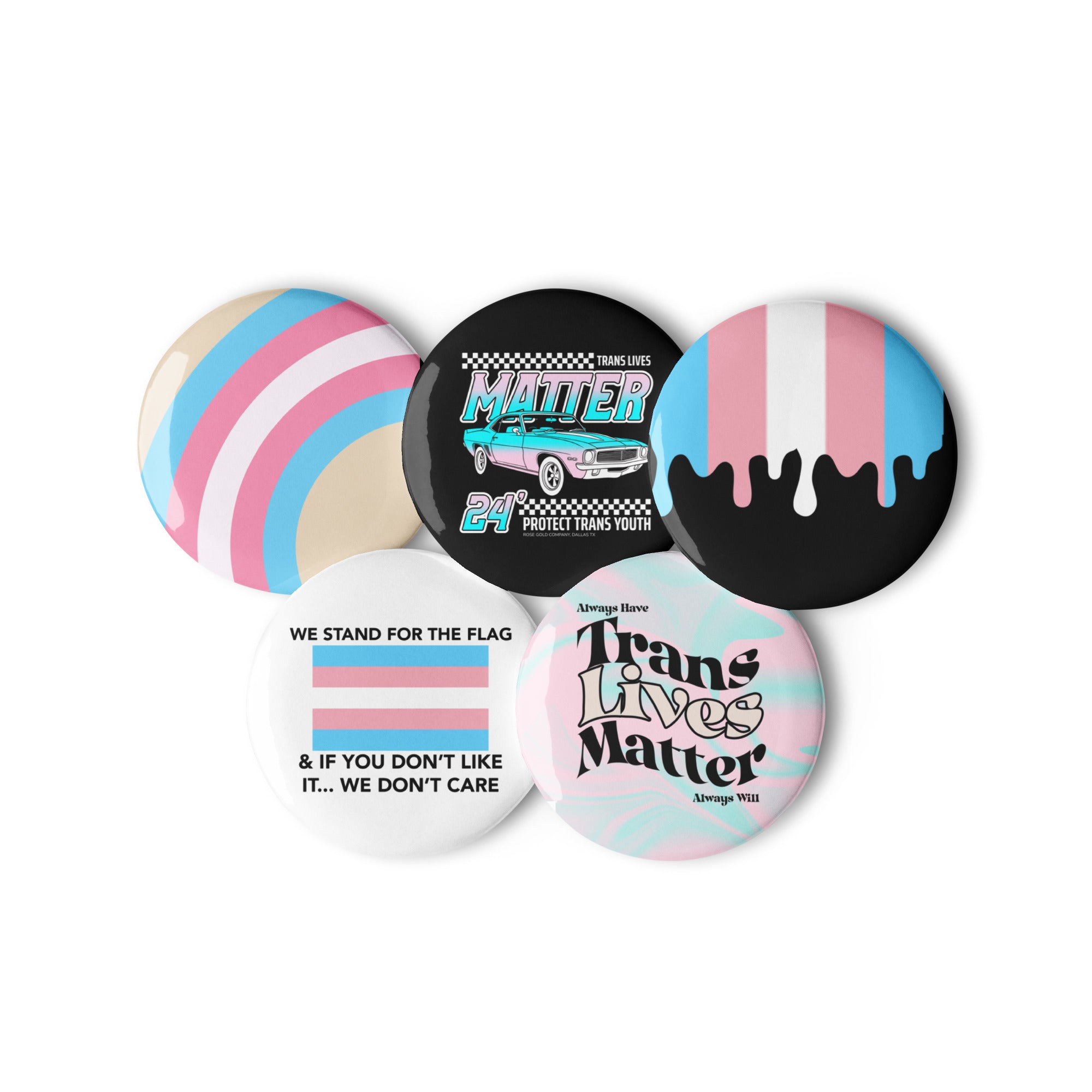 Trans pride pin buttons 5 pack, front view — Rose Gold Co