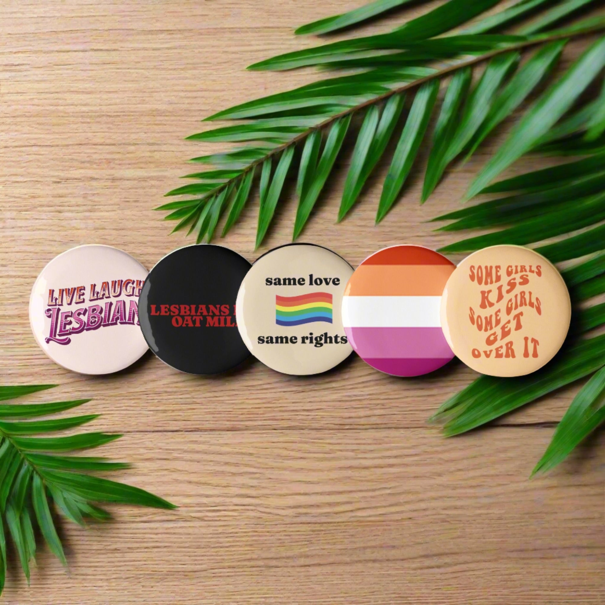 Lesbian pride pin buttons 5 pack, back view — Rose Gold Co
