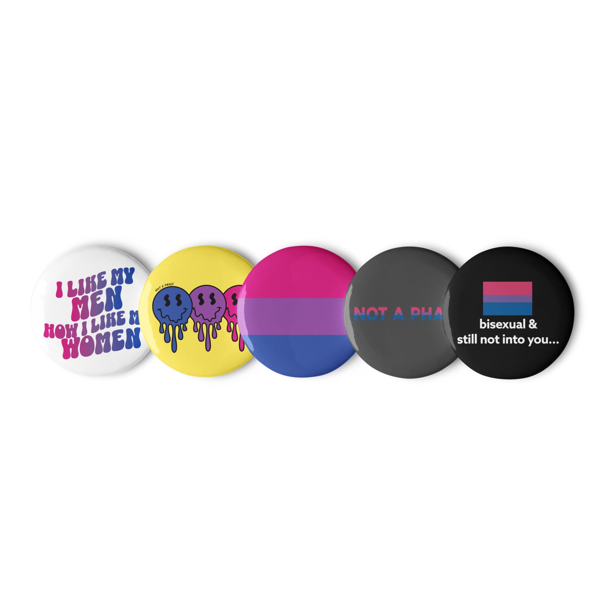 Bisexual pride pin buttons 5 pack, side view — Rose Gold Co