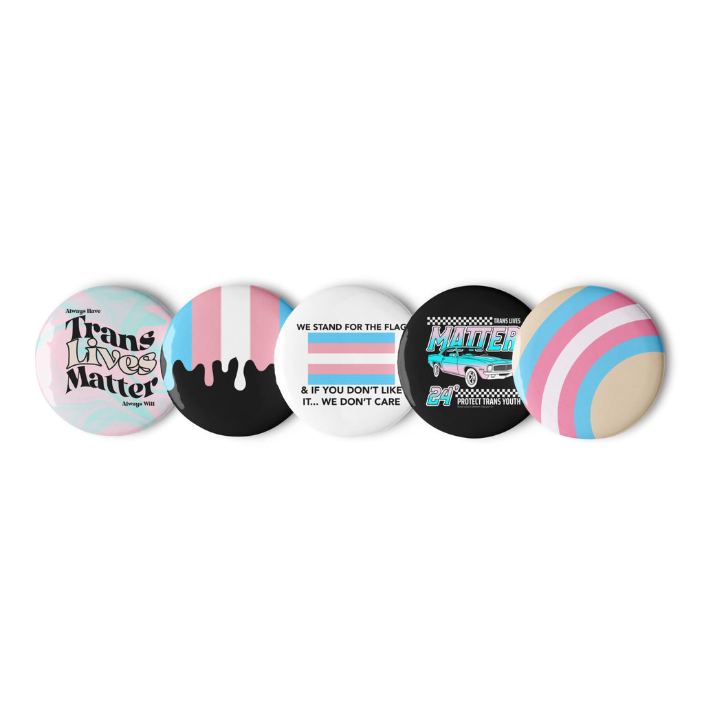 Trans pride pin buttons 5 pack, back view — Rose Gold Co