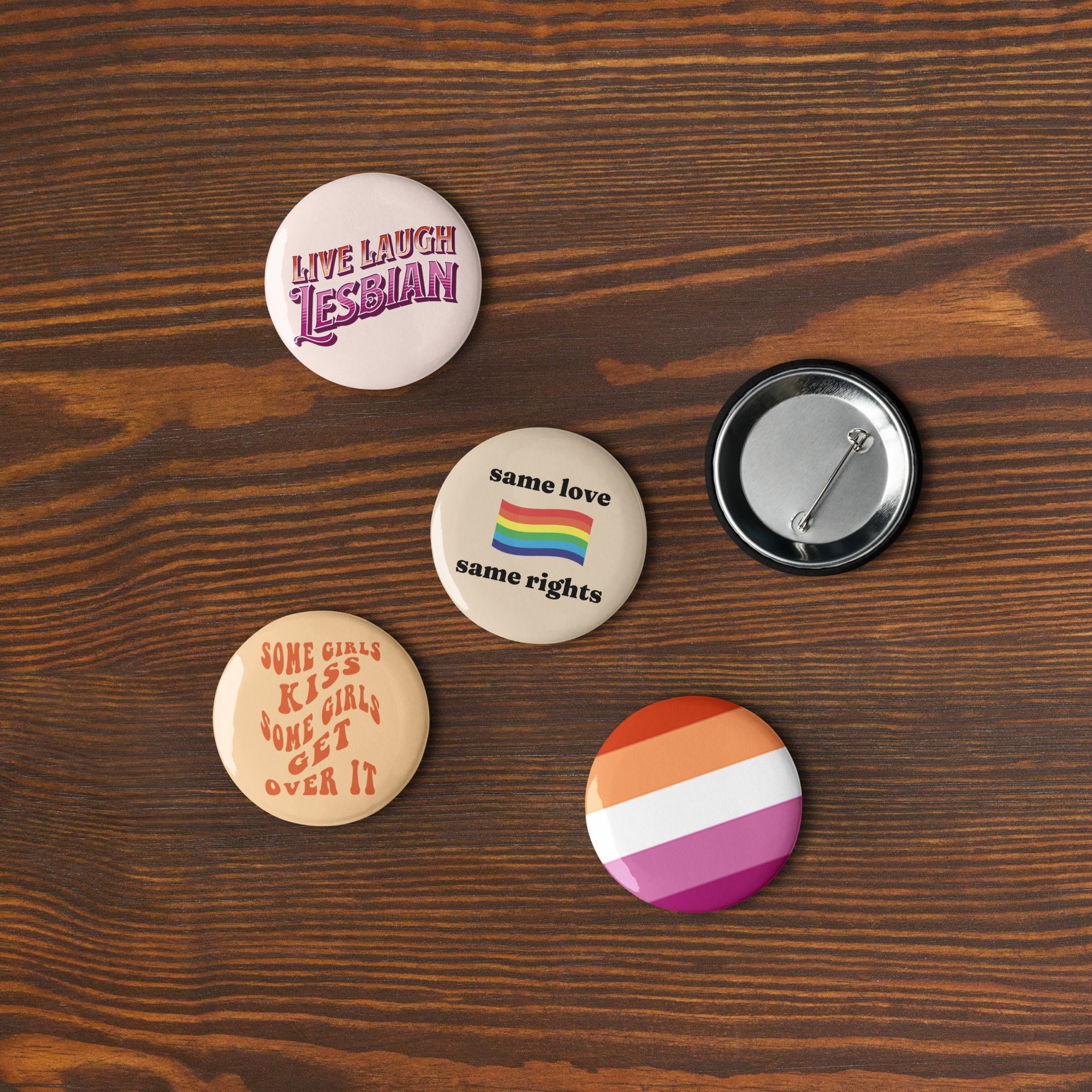Lesbian pride pin buttons 5 pack, detail view — Rose Gold Co