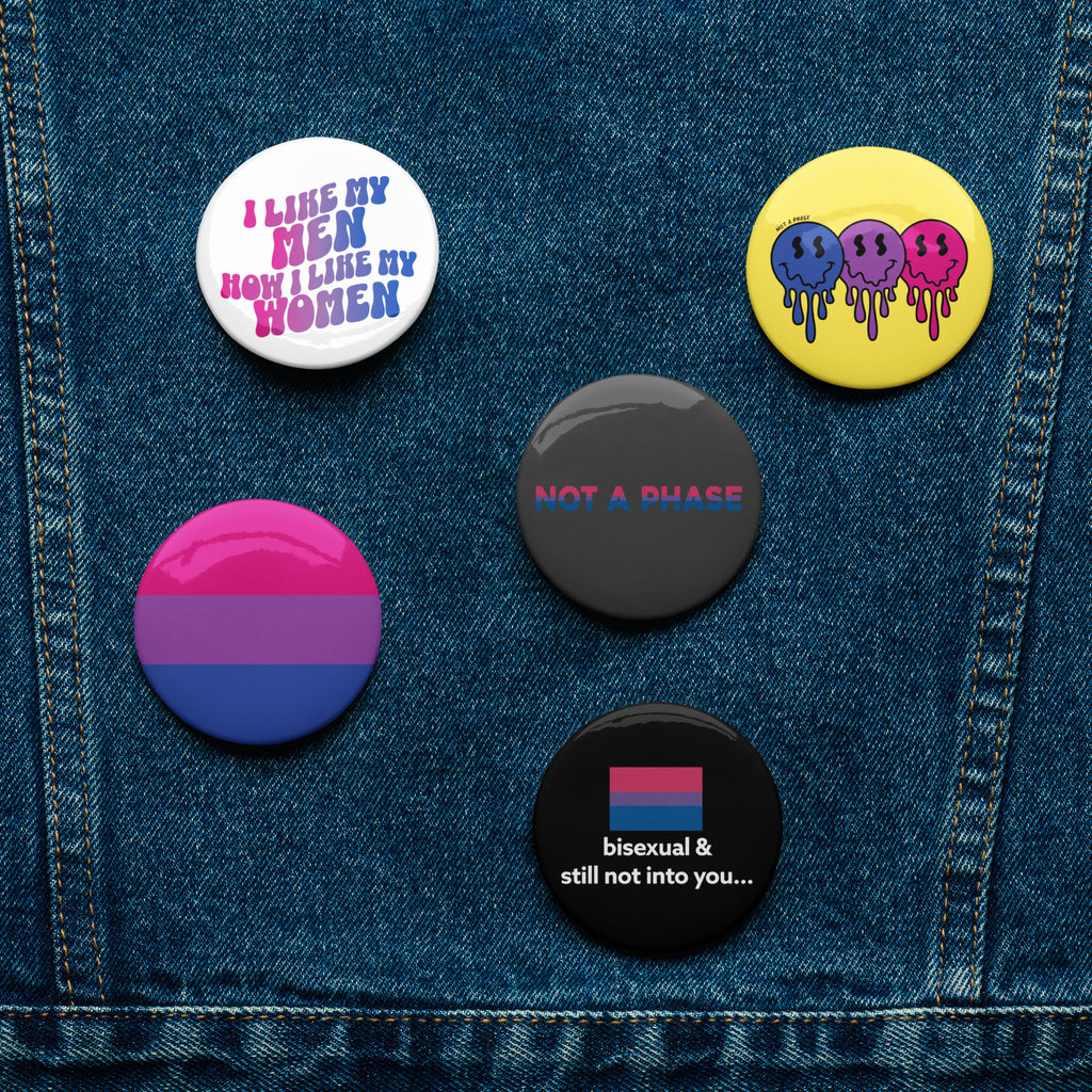 Bisexual pride pin buttons 5 pack, back view — Rose Gold Co