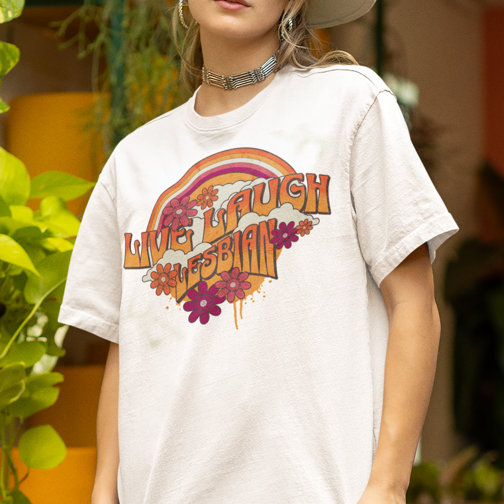 "Live, Laugh, Lesbian" retro rainbow tee — Rose Gold Co