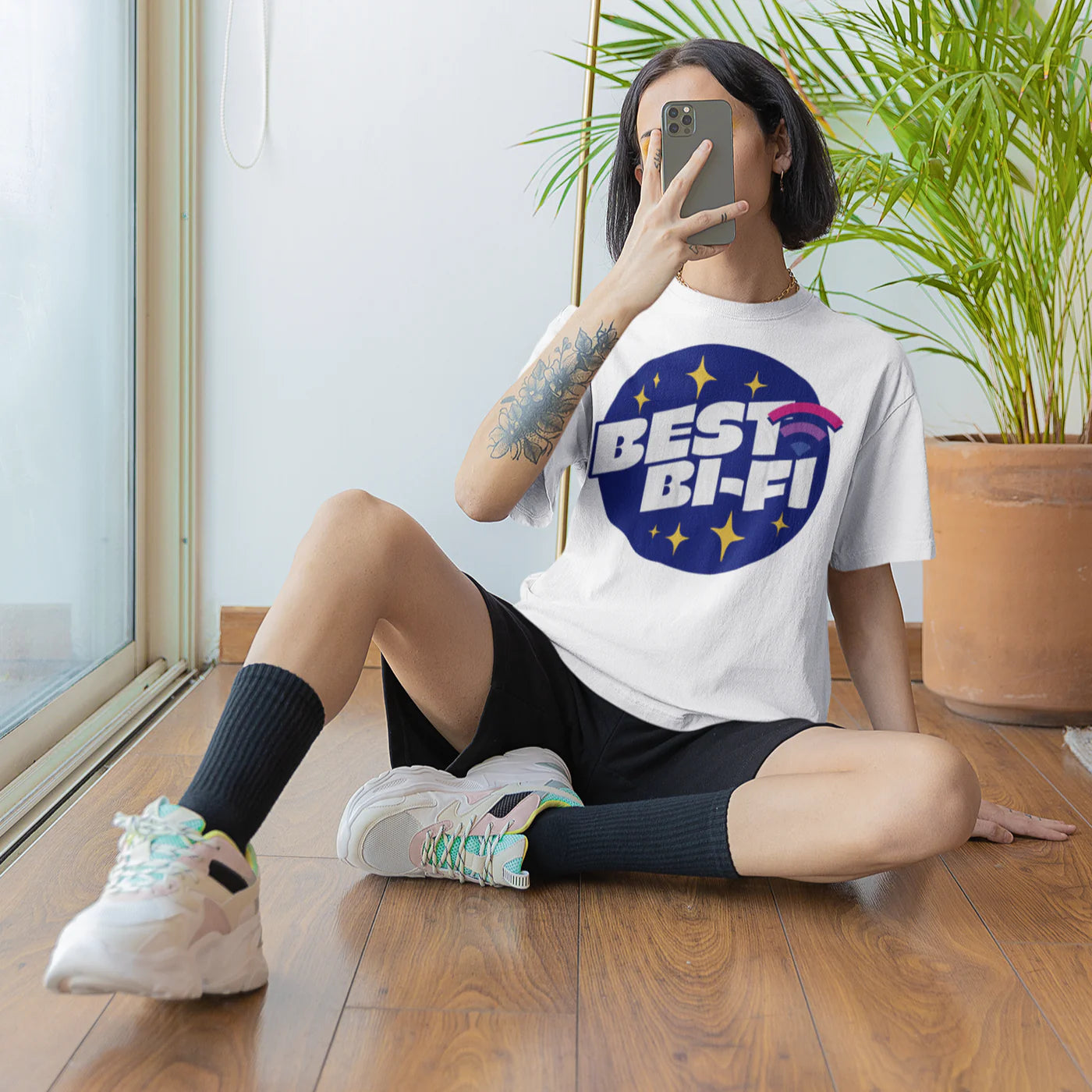 "Best Bi-Fi" bisexual pride pun tee, view 3 — Rose Gold Co