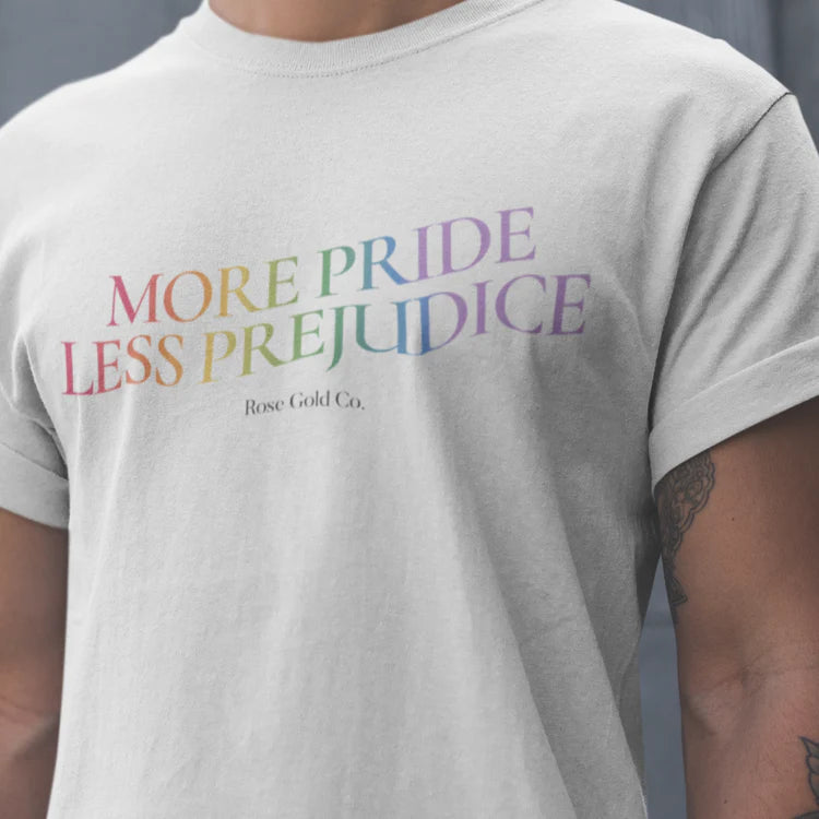 "More Pride, Less Prejudice" rainbow pride tee, view 4 — Rose Gold Co