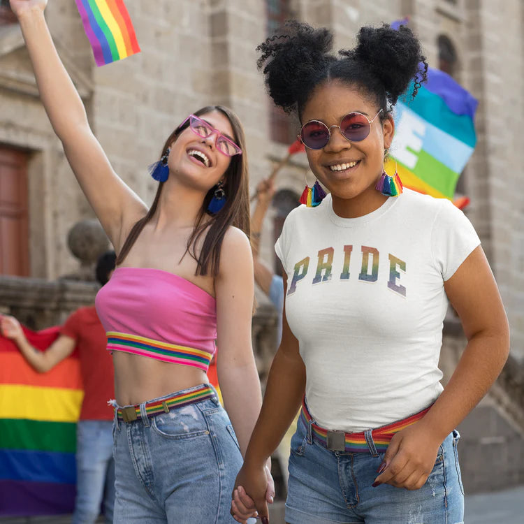 Gay pride rainbow varsity lettering tee, view 5 — Rose Gold Co