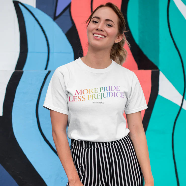 "More Pride, Less Prejudice" rainbow pride tee, view 3 — Rose Gold Co