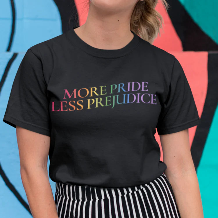 "More Pride, Less Prejudice" rainbow pride tee — Rose Gold Co