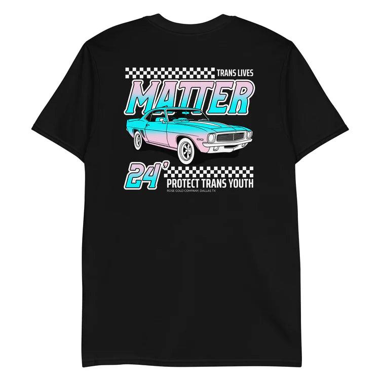 "Trans Lives Matter" racing style tee, view 5 — Rose Gold Co