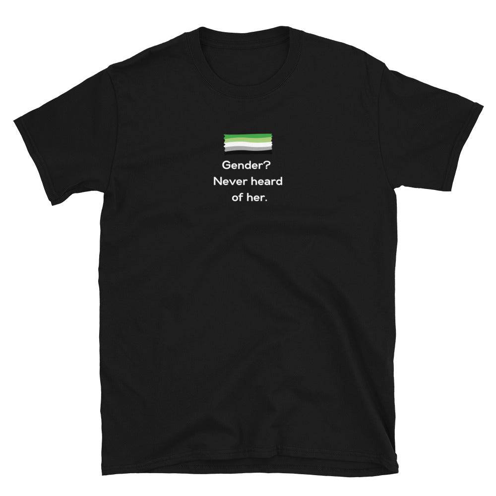 Gender Never Heard of Her agender tee, front view — Rose Gold Co