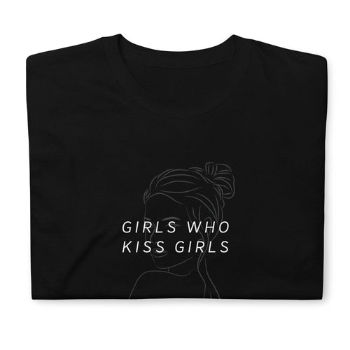 Girls Who Kiss Girls lesbian tee, front view — Rose Gold Co