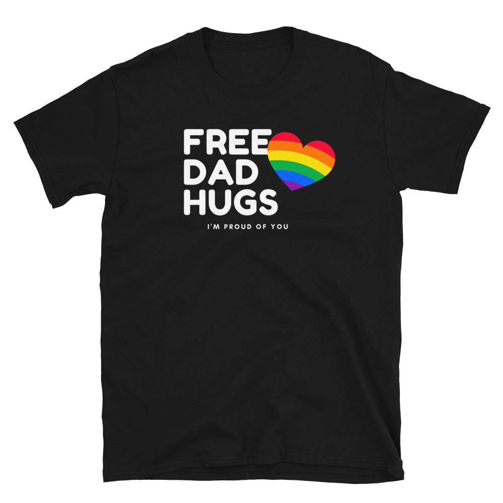 Free Dad Hugs rainbow ally t-shirt, front view — Rose Gold Co