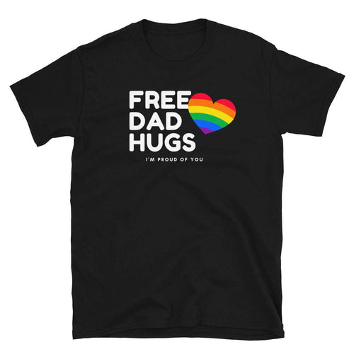 Free Dad Hugs rainbow ally t-shirt, front view — Rose Gold Co