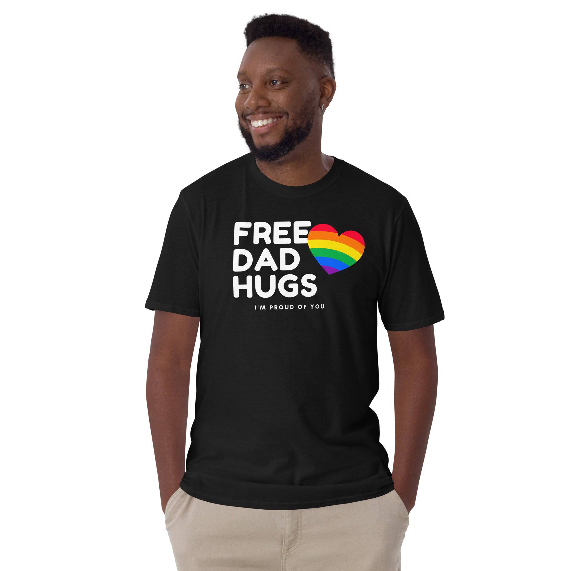 Free Dad Hugs rainbow ally t-shirt, view 2 — Rose Gold Co