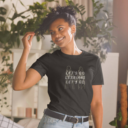 Let's Go Lesbians pride t-shirt, front view — Rose Gold Co
