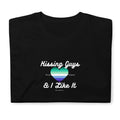 Kissing Guys MLM pride t-shirt, front view — Rose Gold Co