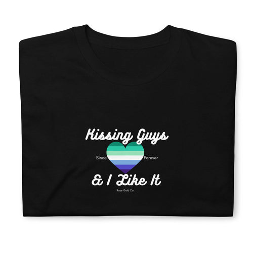 Kissing Guys MLM pride t-shirt, front view — Rose Gold Co