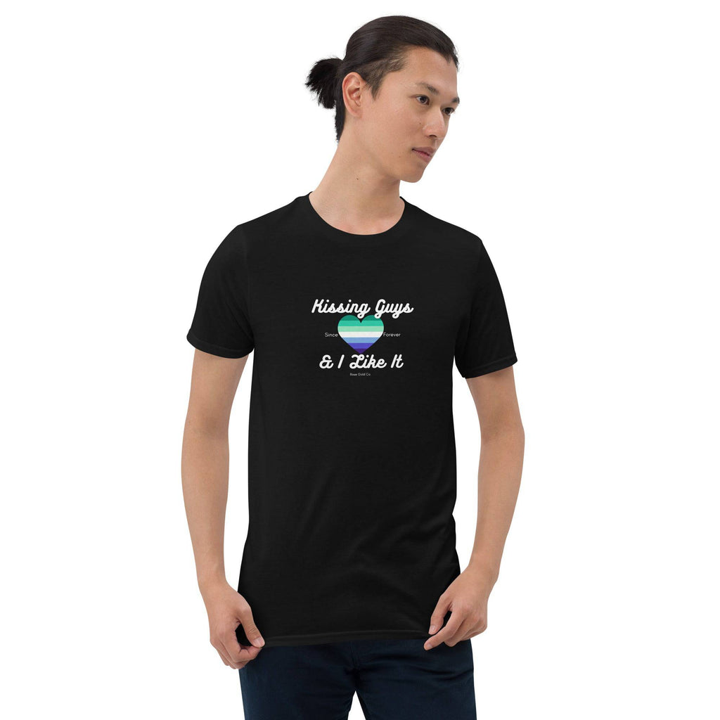 Kissing Guys MLM pride t-shirt, view 5 — Rose Gold Co