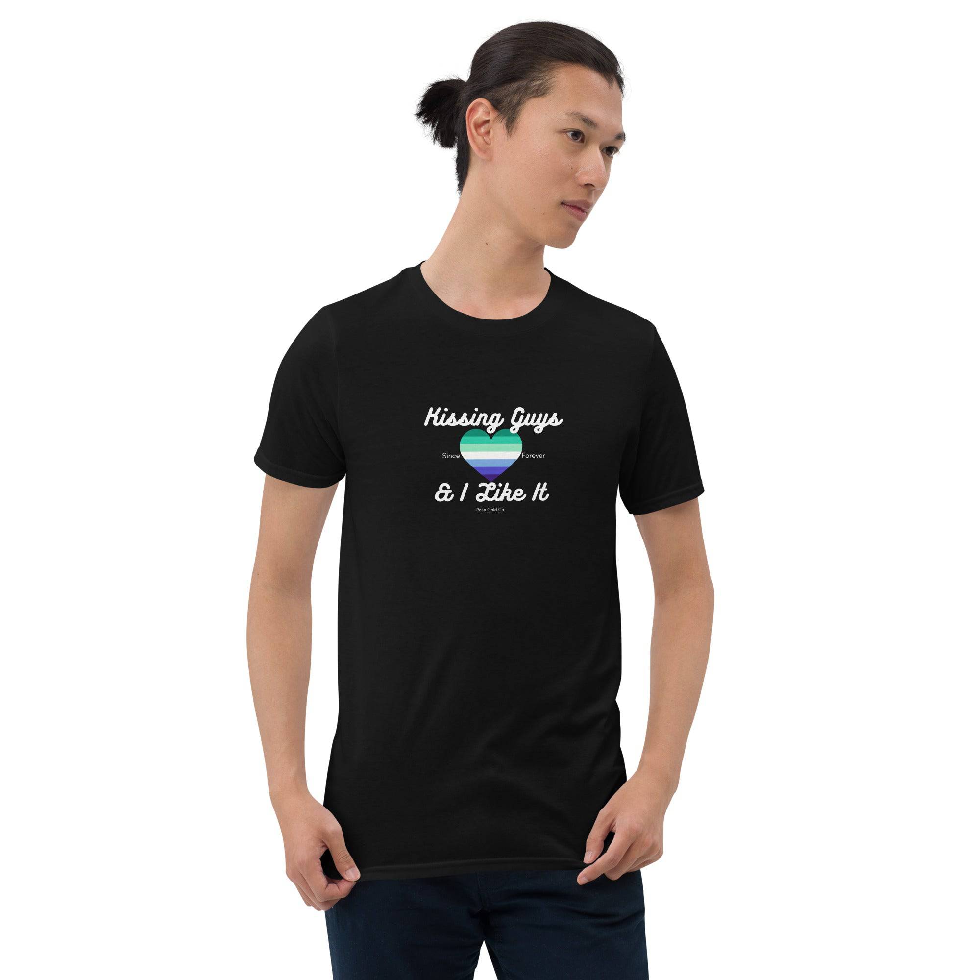 Kissing Guys MLM pride t-shirt, view 5 — Rose Gold Co