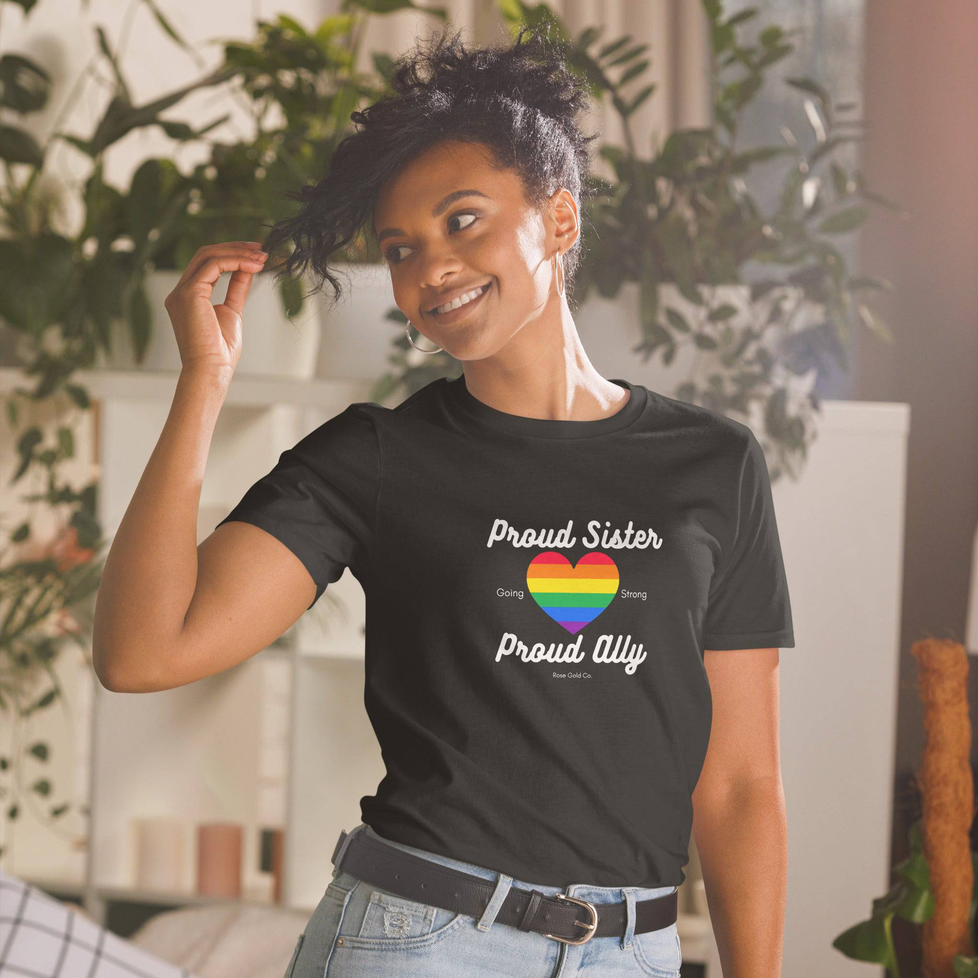 Proud Sister ally pride t-shirt, view 3 — Rose Gold Co
