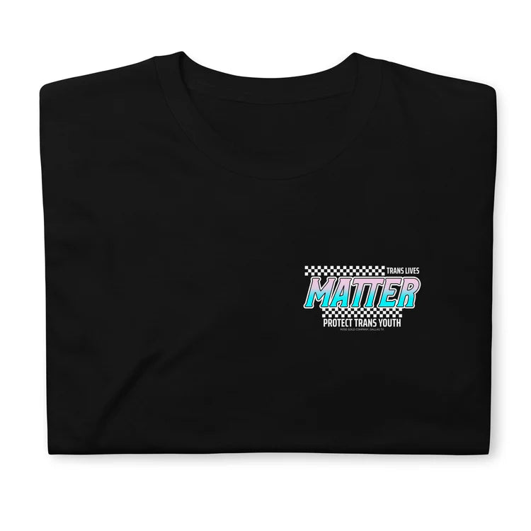 "Trans Lives Matter" racing style tee, view 3 — Rose Gold Co