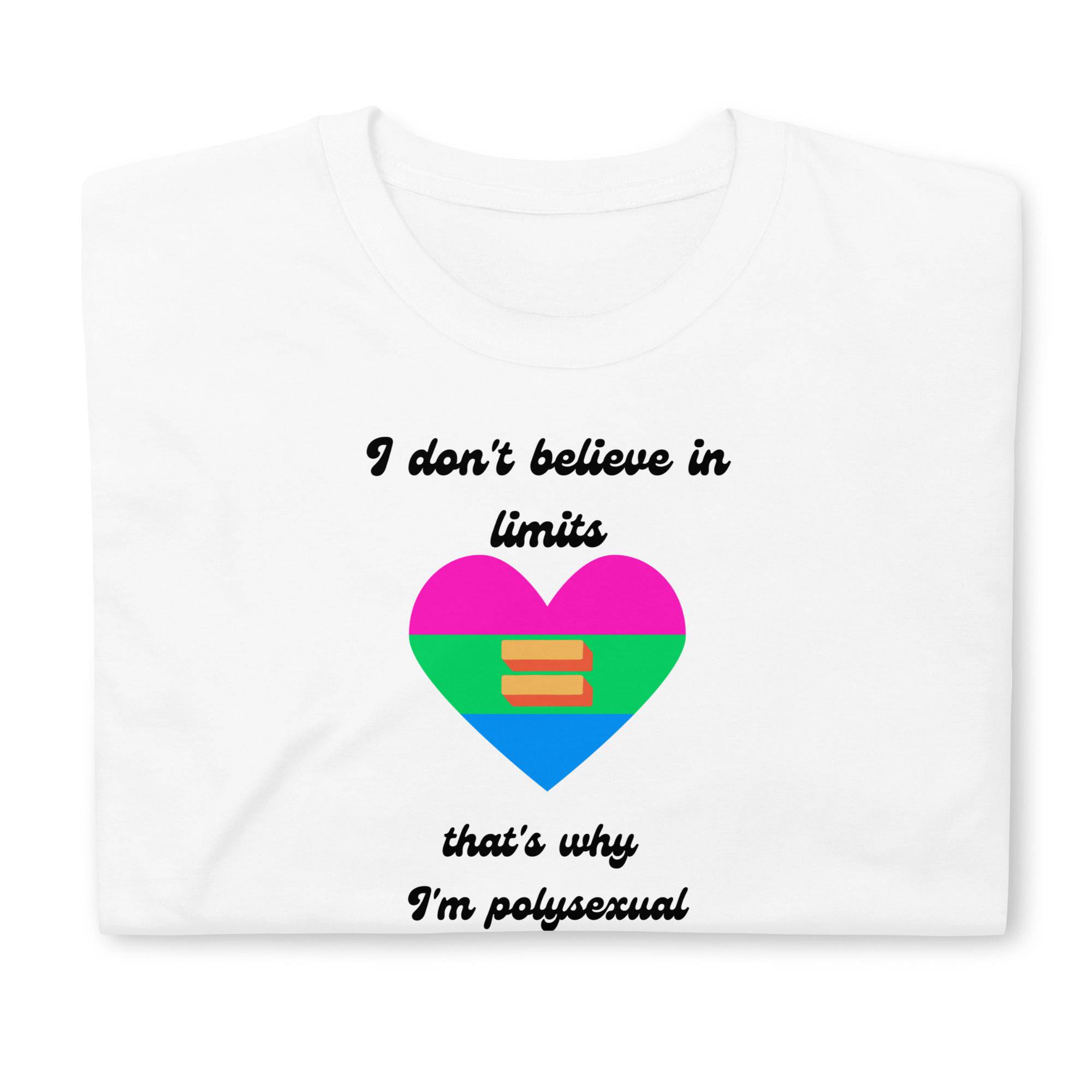 No Limits polysexual pride tee, front view — Rose Gold Co